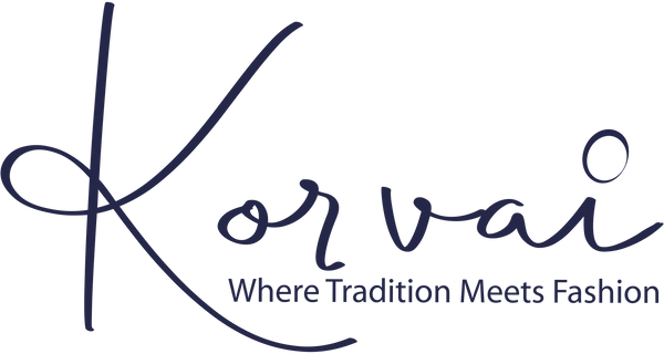 Logo of the brand korvai in dark blue and white.