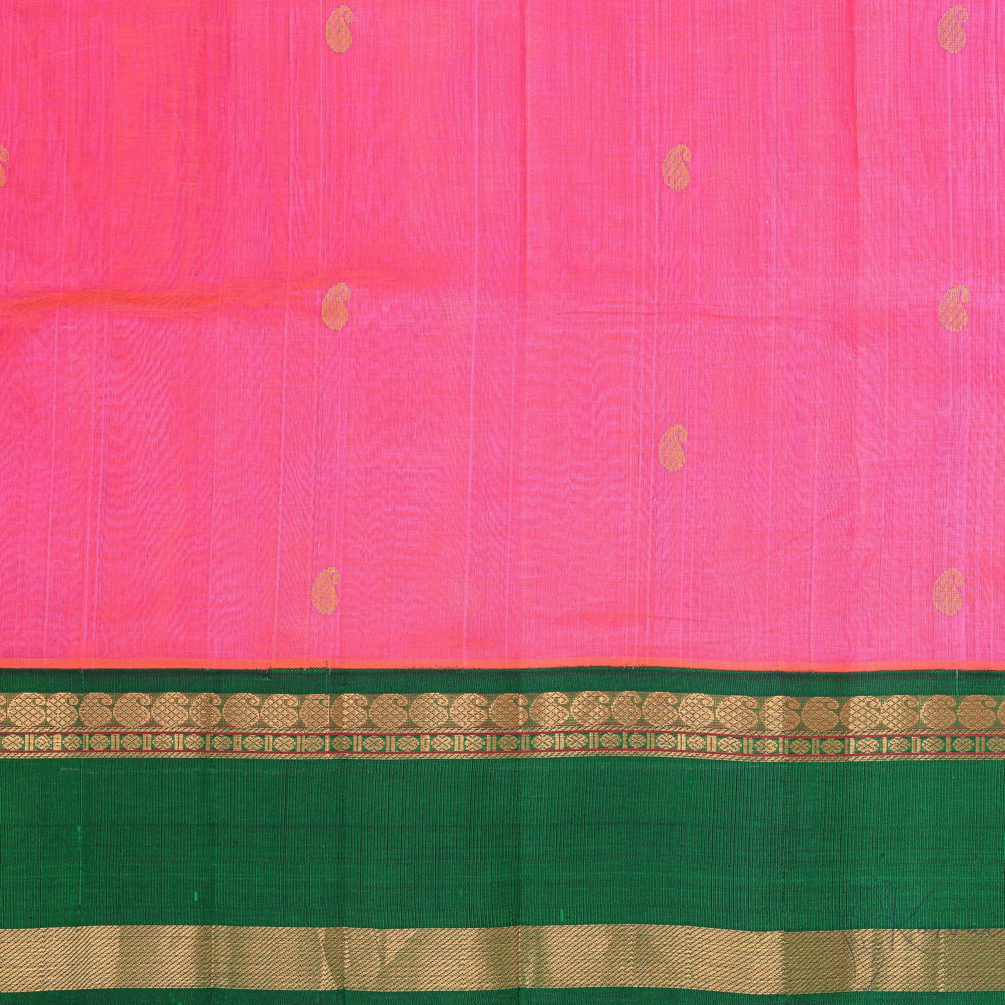 Closer view of pink body with bottle green border and mango motifs.