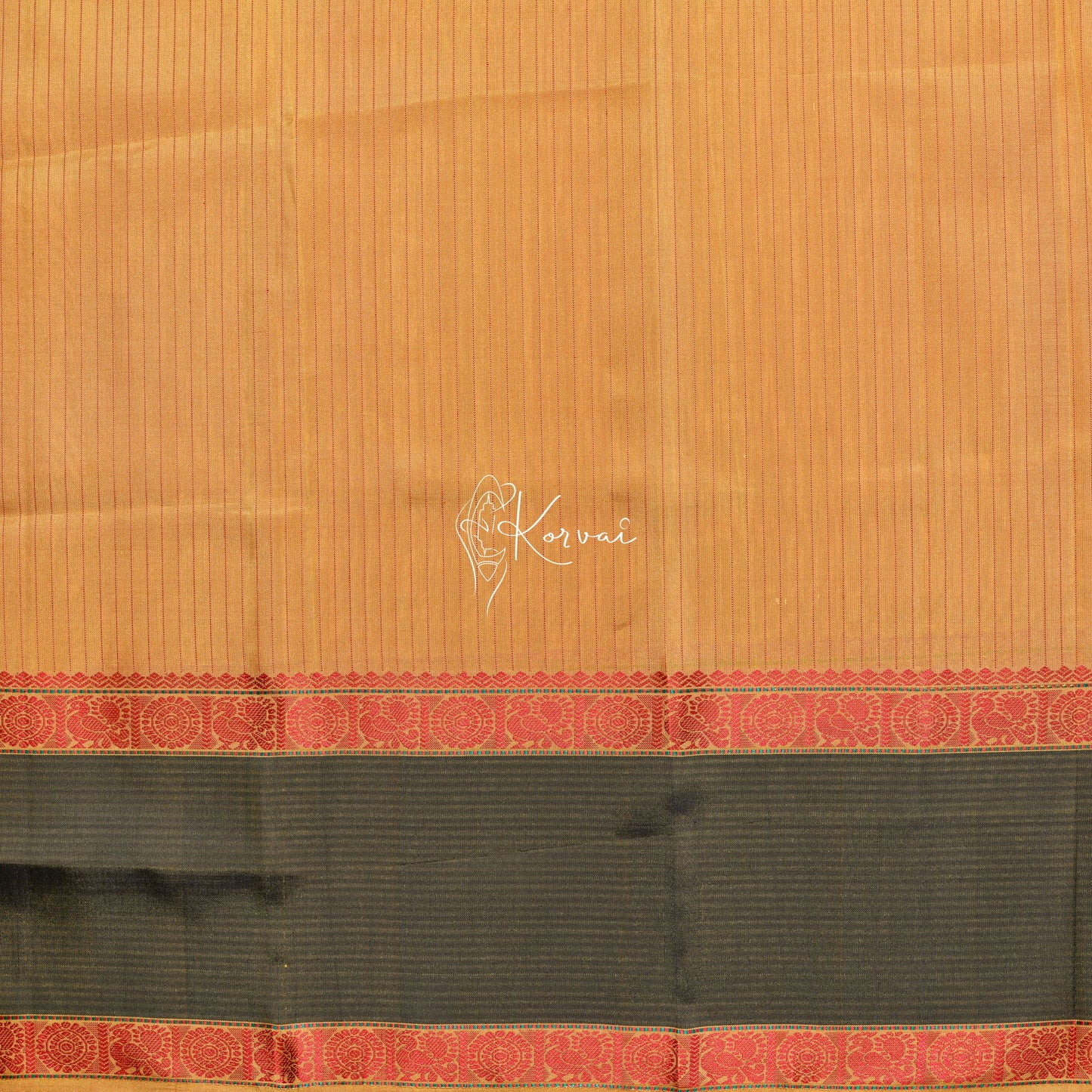 Closer view of blouse fabric that is yellow with orange stripes and double border as the saree.