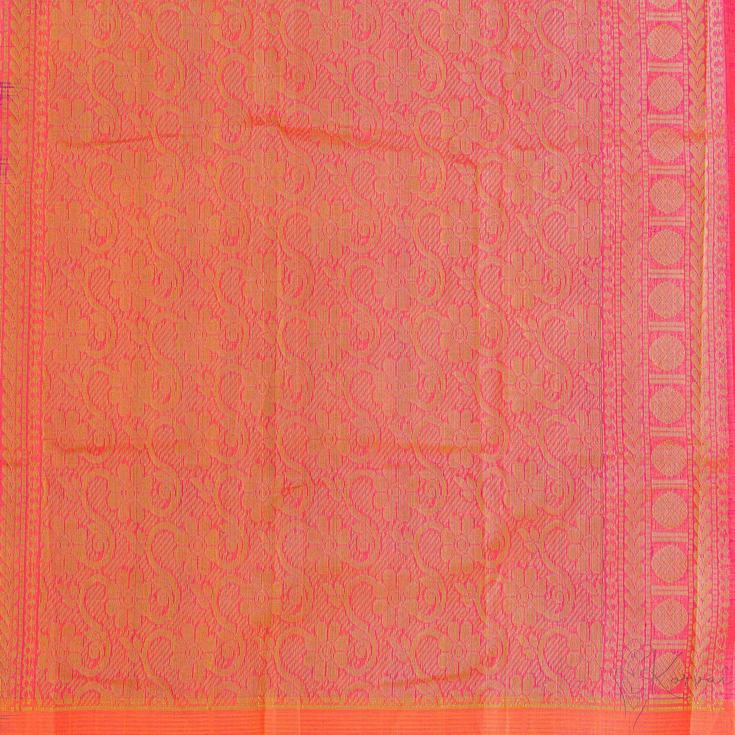 Closer view of orange pallu with intricate zari designs.