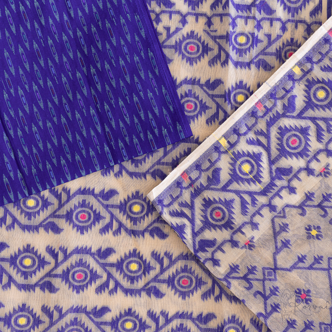 Top view of cream based muslin saree with dark blue jamdhani embroidery and dark blue blouse fabric.