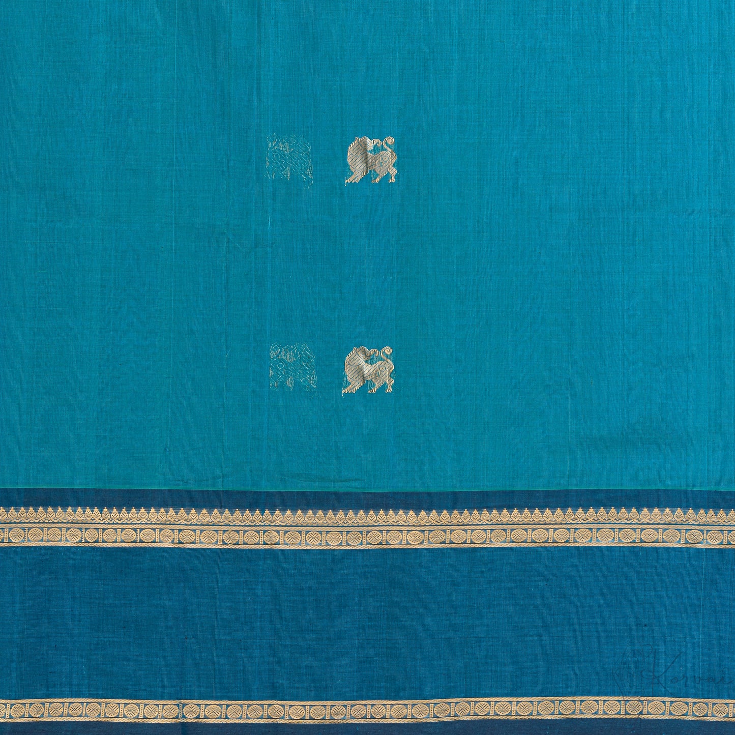 Closer view of blue body with yaali motifs and double border.