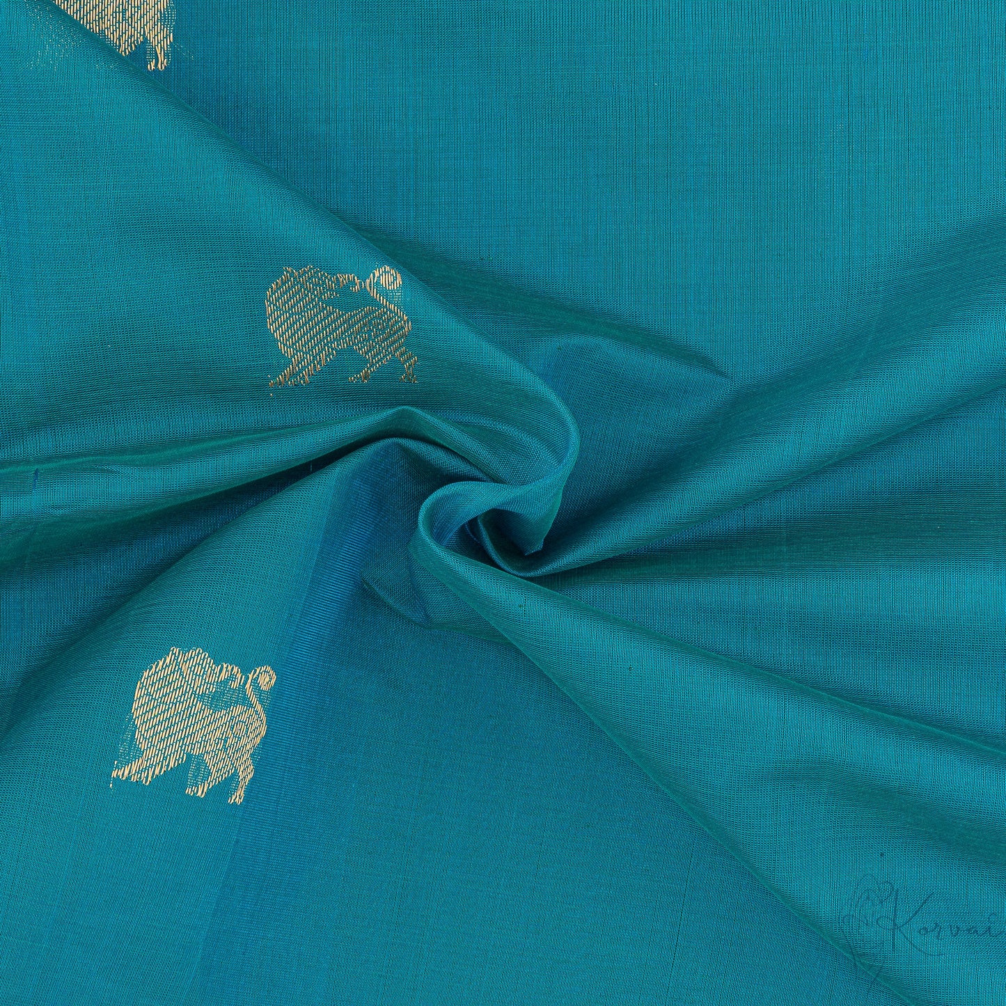 Closer view of blue body with yaali motifs and double border.