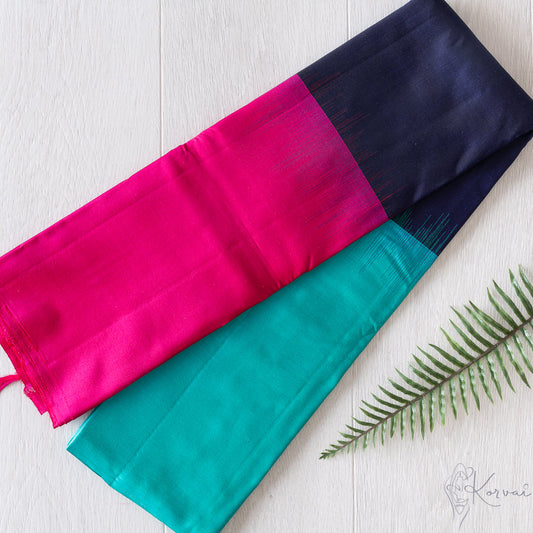 Tri-colour Kanjivaram soft silk saree in teal,dark blue and hot pink.