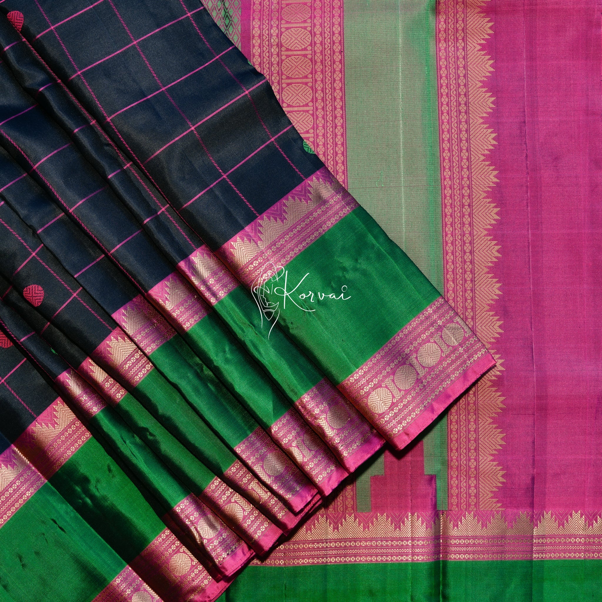 Dark Green Handloom Kanchipuram Korvai Silk Saree With Zari Checks & Buttas