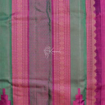 Closer view of the pallu with Peacock and wheel motifs in orange thread.