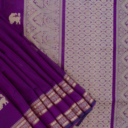 Violet silk cotton saree with closer view of violet pallu that has intricate gold zari work.