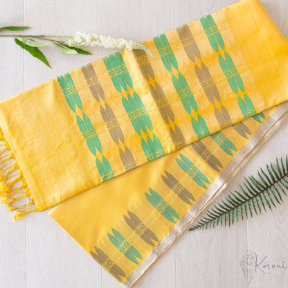 Yellow Kanjivaram soft silk saree with green and grey contemporary design for the borders and pallu.