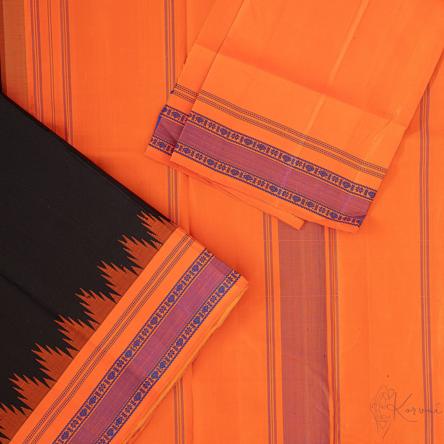 Plain black Kanjivaram saree with a closer view of orange pallu.