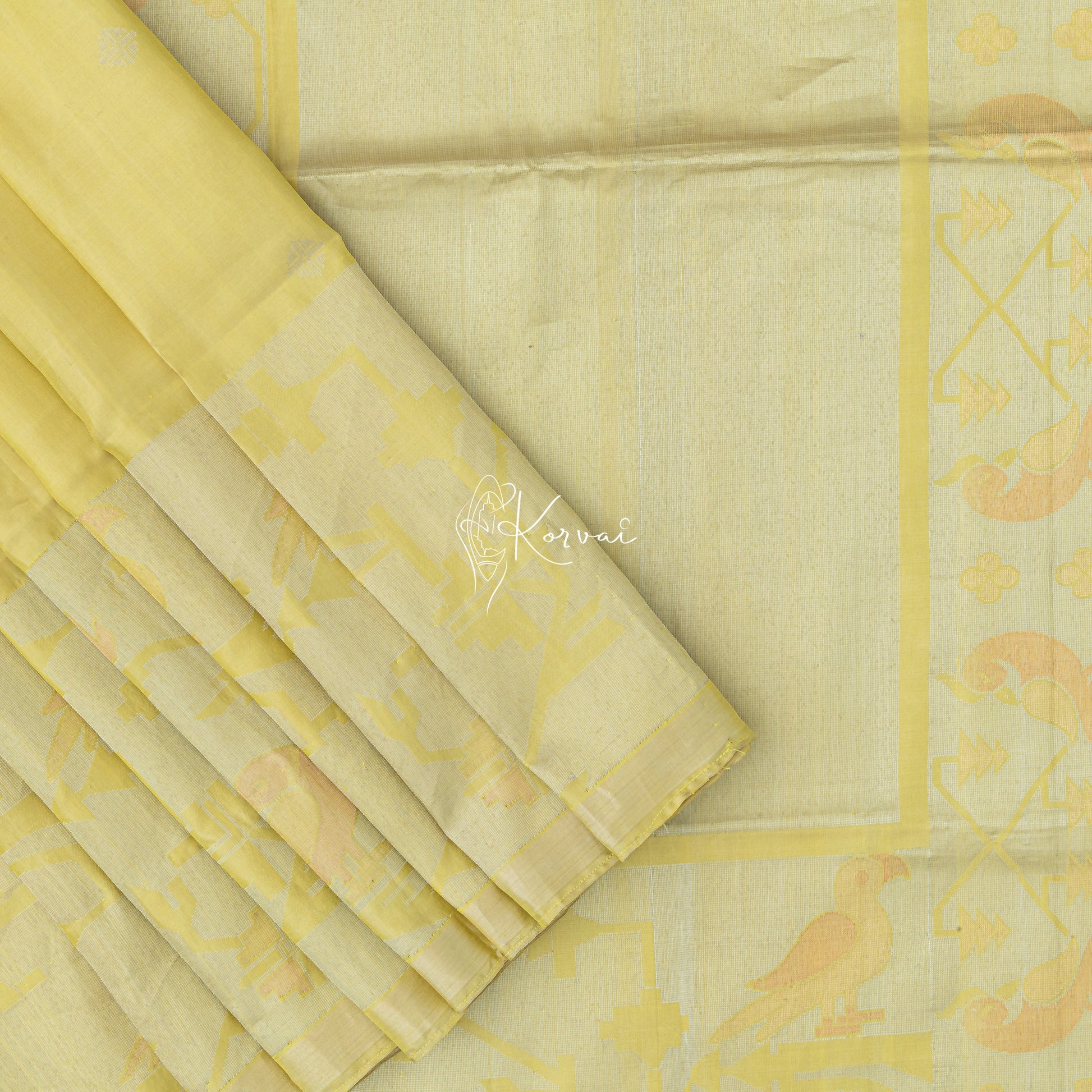 Bright yellow coloured soft silk saree with parrot and cockatoo motifs in the border and on the pallu.