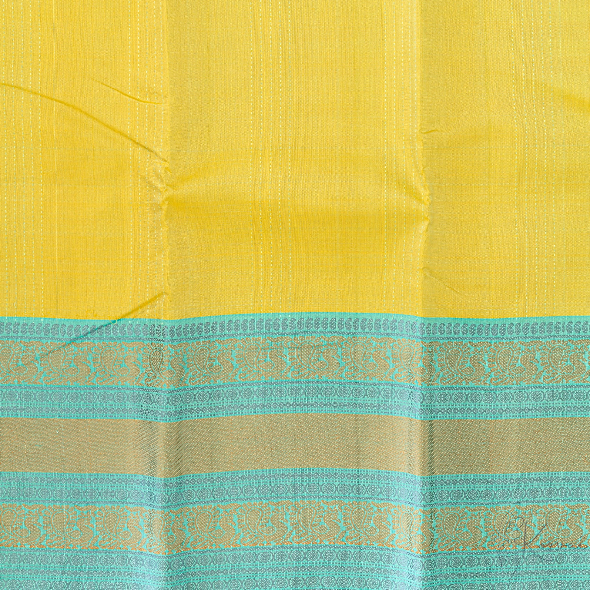 Closer view of the lemon green Kanjivaram soft silk saree with teal stripes running vertically and tealdouble border.