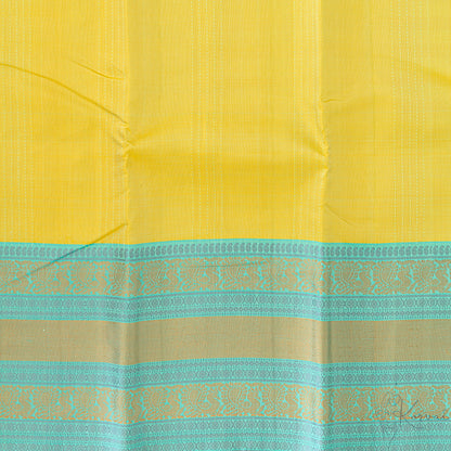 Closer view of the lemon green Kanjivaram soft silk saree with teal stripes running vertically and tealdouble border.