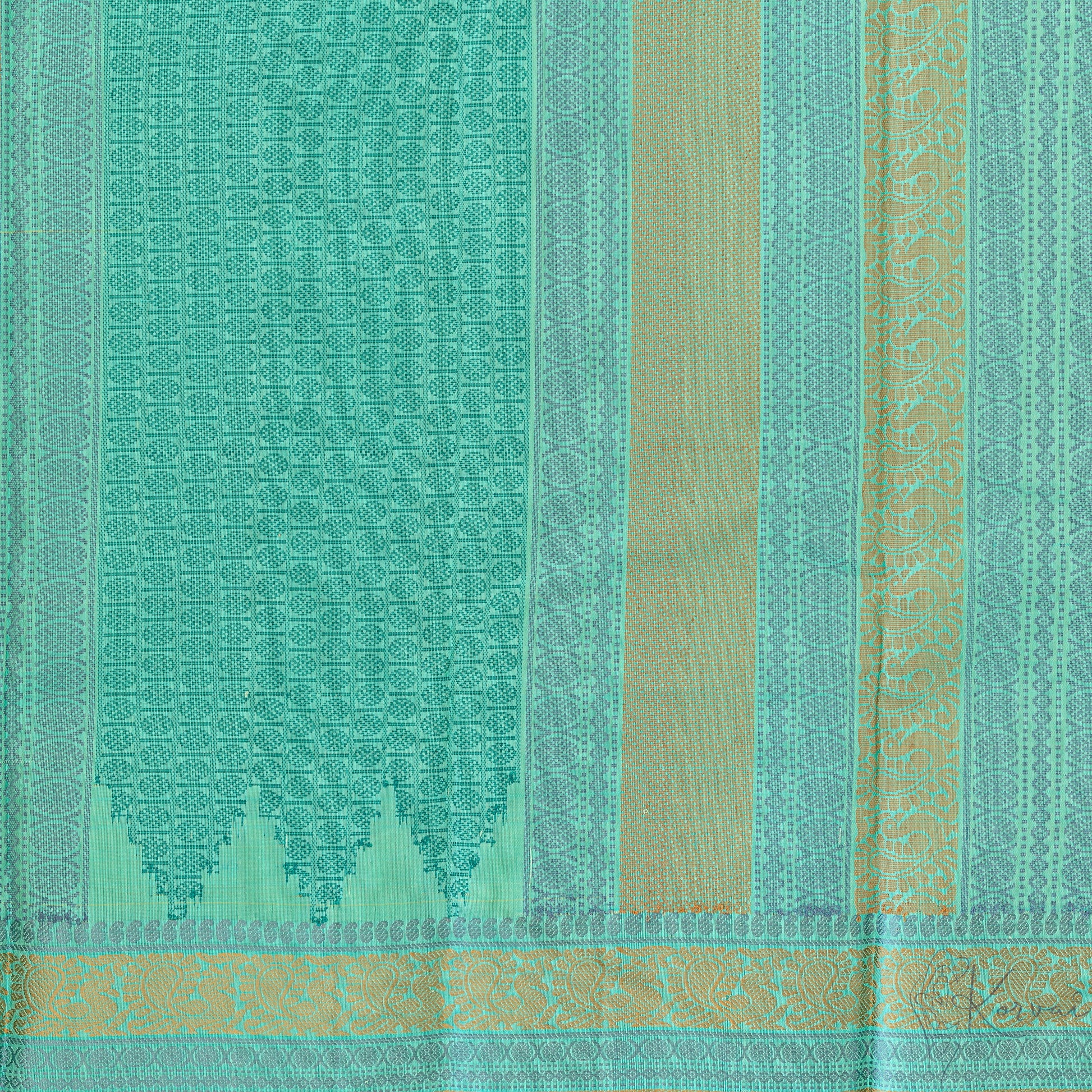 Closer view of pallu with peacock  in teal and teal double border.