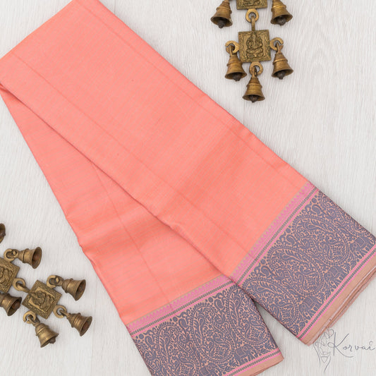 Peach Kanjivaram soft silk saree with cream horizontal stripes and grey paisley motifs in the border.