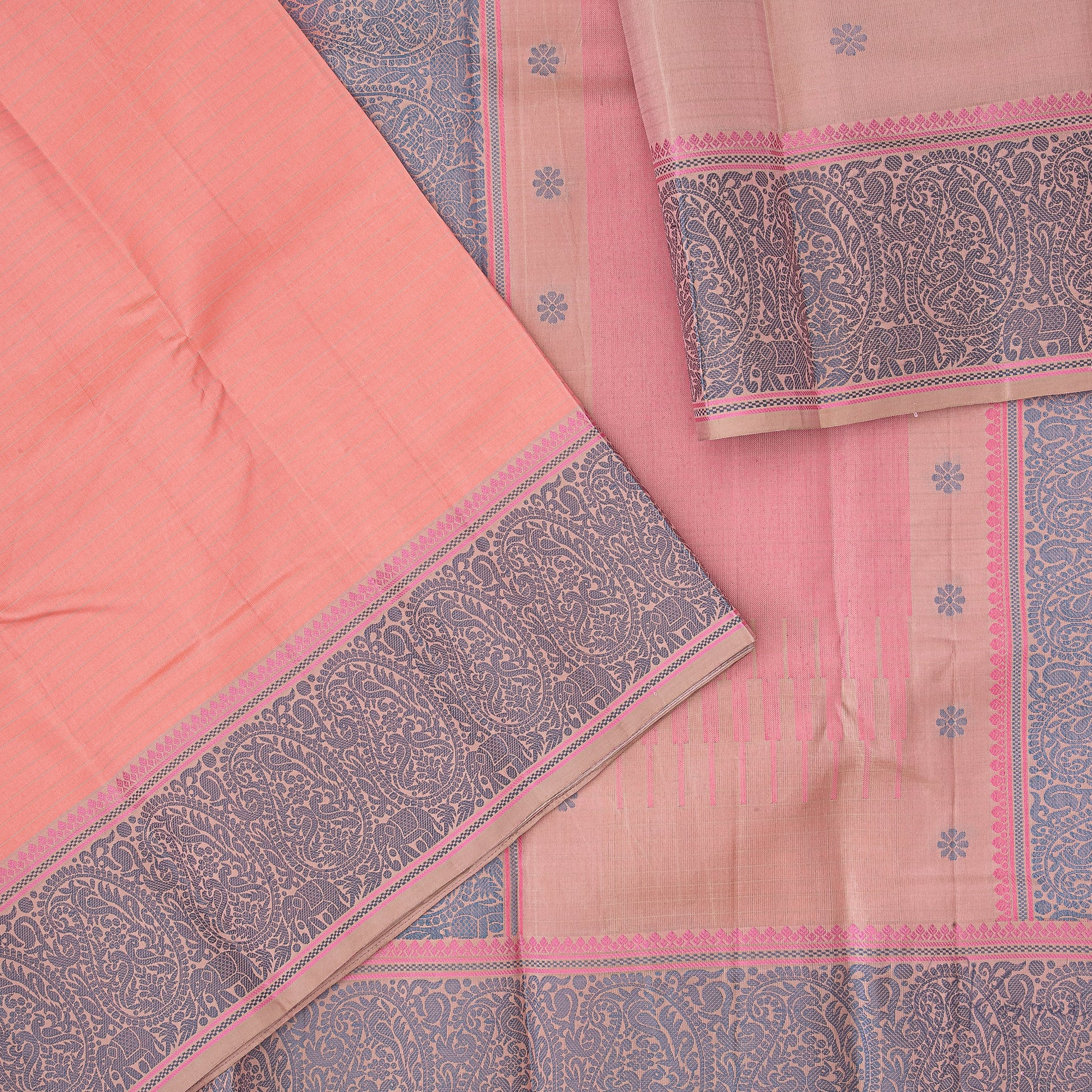 Top view of peach Kanjivaram soft silk saree with cream horizonal stripes and pallu displaying paisley motifs.