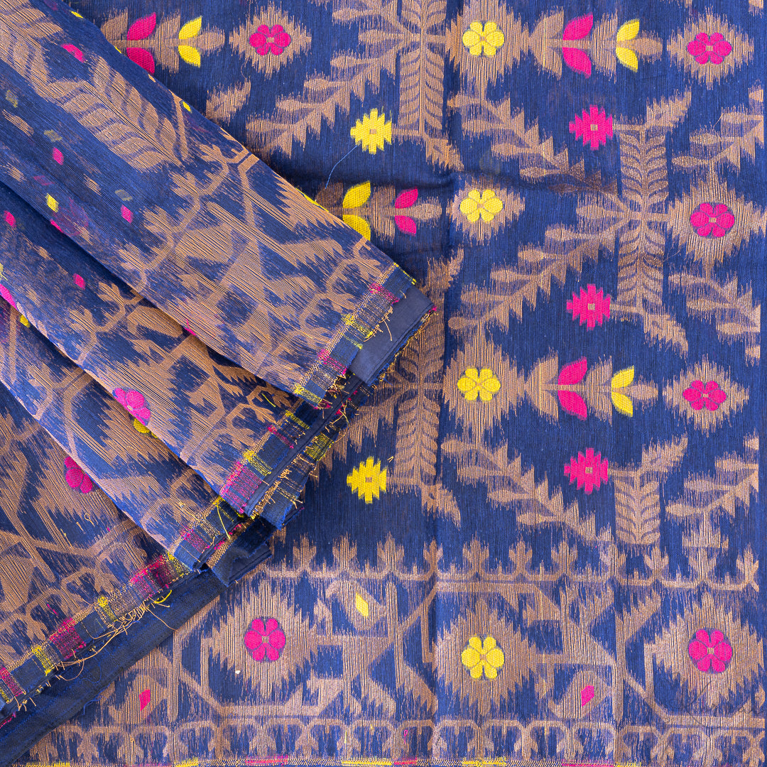 Picture of a navy blue jamdani muslin saree with copper, pink and yellow coloured jamdani embroidery work.