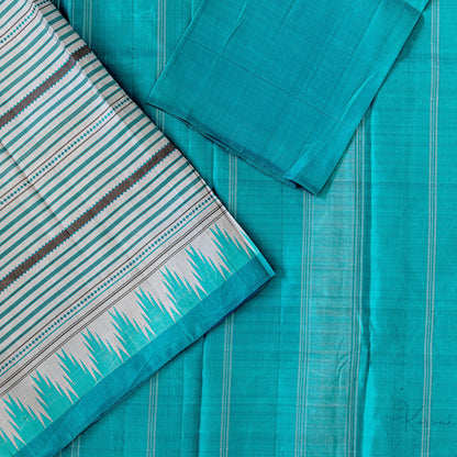 Top view of grey Kanjivaram saree with closer view of teal pallu with white stripes.