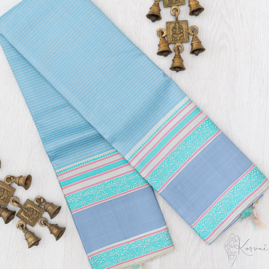 Steel grey Kanjivaram soft silk saree with cream stripes running horizontally.