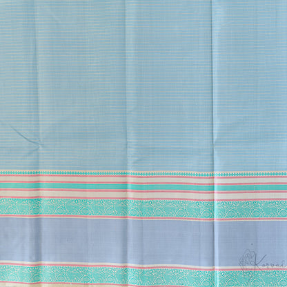 Closer view of the steel grey Kanjivaram soft silk saree with cream stripes running horizontally and teal double border.