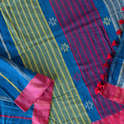 Top view of dark blue pallu with yellow and red embroidery work and red tassles at the edge of the pallu.