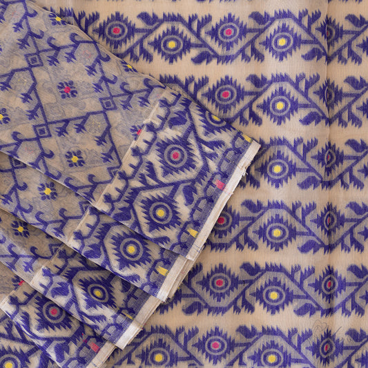 Top view of cream based jamdhani muslin saree with dark blue jamdhani embroidery through the body and pallu.