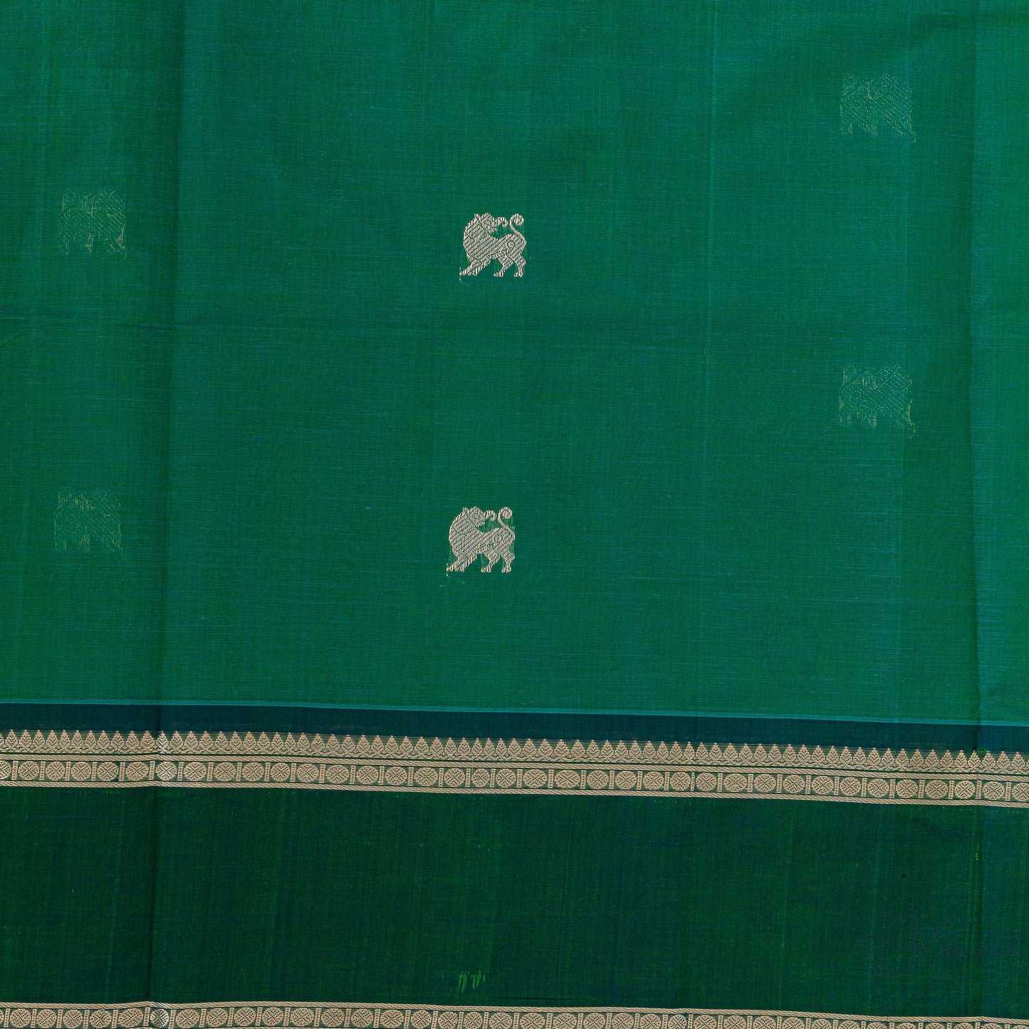 Closer view of Bottle green body with yaali motifs and double border.