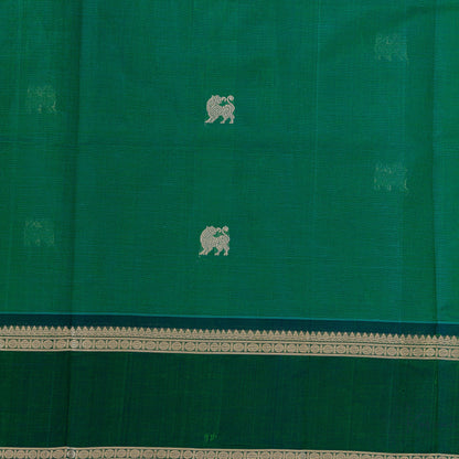 Closer view of Bottle green body with yaali motifs and double border.