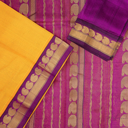 Yellow silk cotton saree with closer view of purple pallu that has intricate gold zari work.