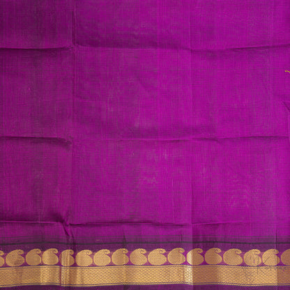 Closer view of purple blouse fabric with mango motifs in the border.