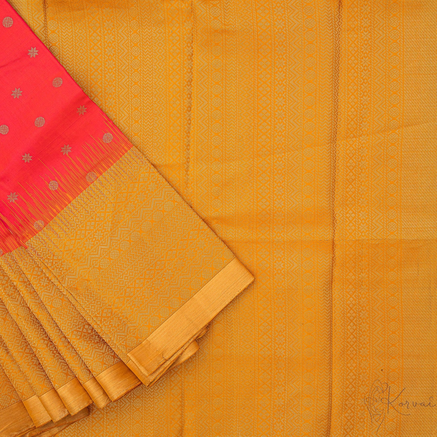 Pinkish red Ksoft silk saree with a closer view of mustard pallu.