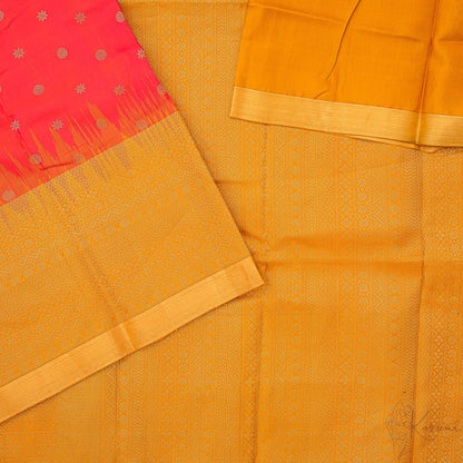 Pinkish red Ksoft silk saree with a closer view of mustard pallu.